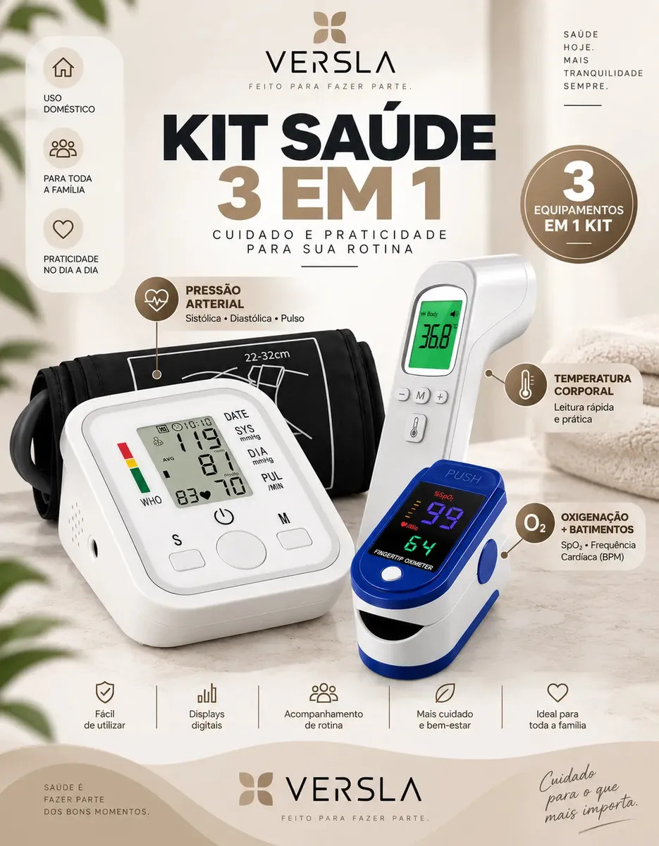Kit Saúde 3 em 1 Combo Aparelho Pressão Oxímetro Termômetro Uso Domestico