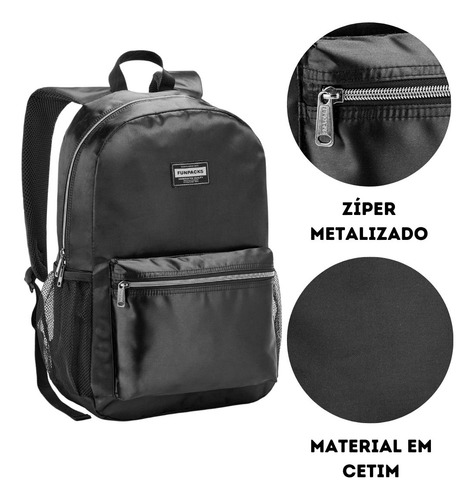 Mochila Feminina Escolar Casual 18 Cetim Seanite Cor Preto Desenho Do Tecido Liso