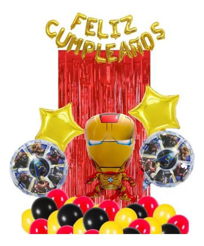 Combo De Globos Iron Man Metalizados Cumpleaños Cortina Deco