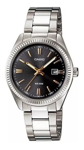Reloj Casio Ltp-1302d-1a2 Dama Color de la malla Plateado Color del bisel Plateado Color del fondo Negro