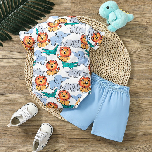 Conjunto Para Niño Camiseta Verde Y Short Estampado Colorido Azul Claro 9-12 M