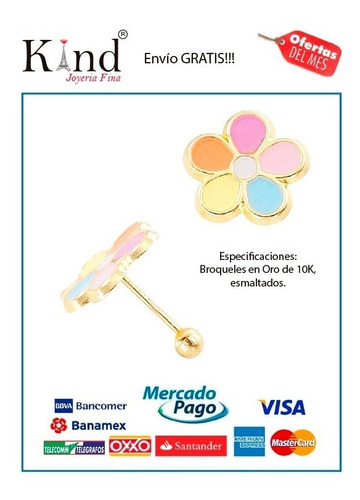 Imagen 2 de 2 de Broquel Flor Esmalte Pastel Oro 10k - 115
