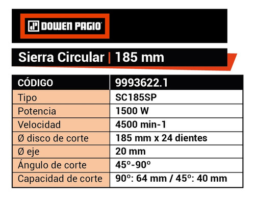 Imagen 6 de 9 de Sierra Circular 185 Mm 1500 W 220 V Dowen Pagio 9993622.1