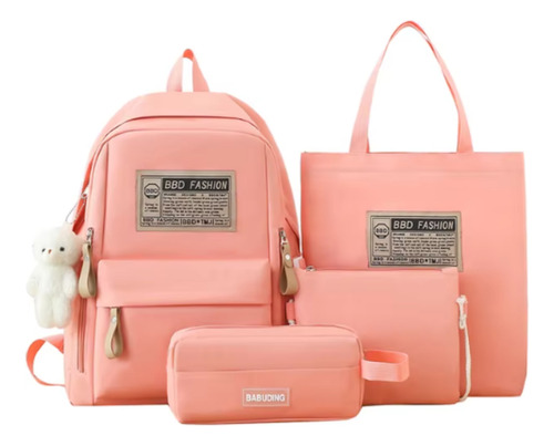 Conjunto De 4 Mochilas Unissex Em Lona Com Estampa De Urso Cor Rosa Desenho Do Tecido Liso