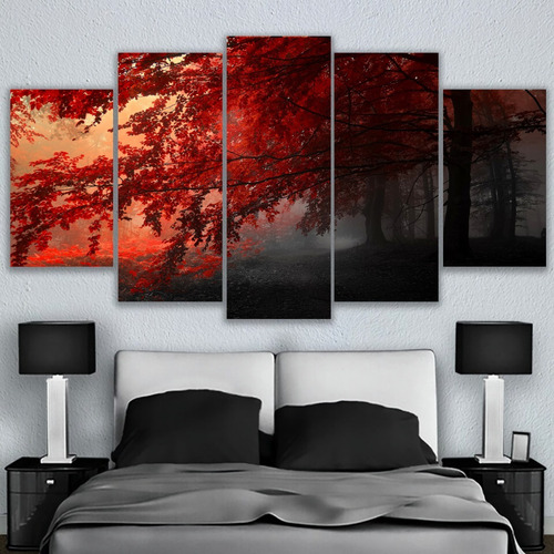 5 Cuadros Decorativos Arbol Rojo Noche Paisaje Diseño Arte