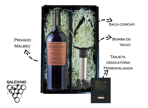 Box Regalo Vino Privado Malbec Sacacorchos + Bomba De Vacio
