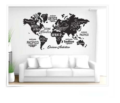 Vinilo Pared Mapa Mundi Mundo Planisferio Continentes 100x55