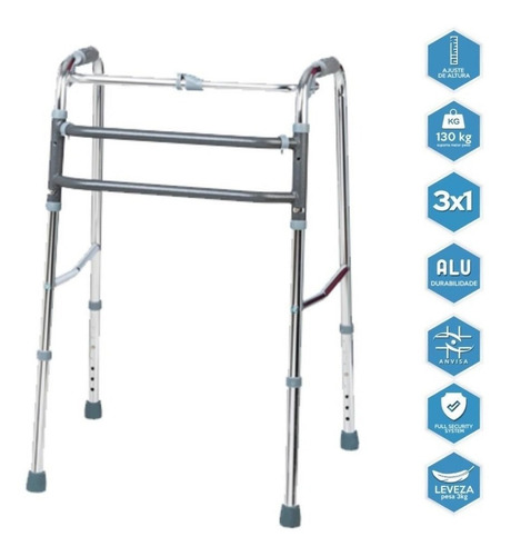 Imagem 4 de 5 de Andador Idoso 3x1 Alumínio Fixo Articulado Dobrável (130kg)