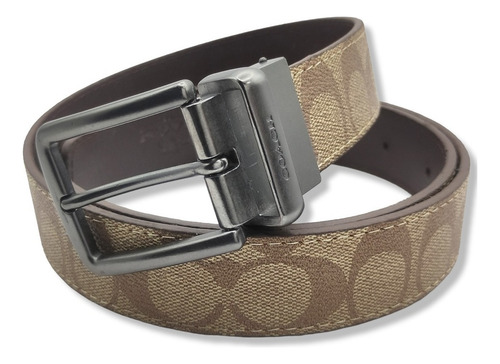 Cinturón Coach Reversible Doble Vista Unisex Beige Color Monogram Cafe/ Hebilla Clasica Talla S (100cm)