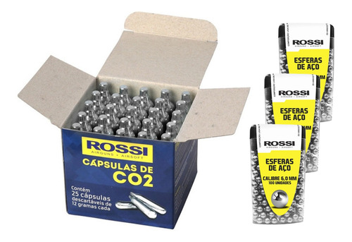 Caixa Co2 12g Rossi 25un Recarga C11 + 300 Esferas Aço 6.0mm