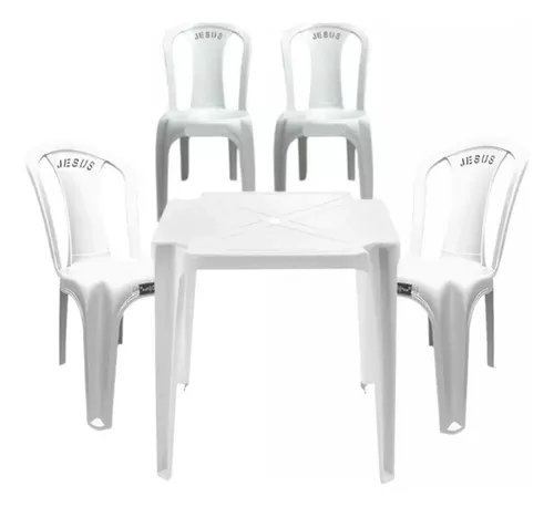 Conjunto Mesa Quadrada Bela Vista + 4 Cadeiras em Plastico Branca