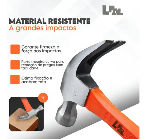 Martelo De Prego Profissional Tipo Unha Cabeça Em Aço Cabo Fibra Emborrachado Resistente Ferramenta Portátil E Multifuncional Construção Obra Casa Pedreiro Carpinteiro Serralheiro Reforma Marca Lfal: imagem 6