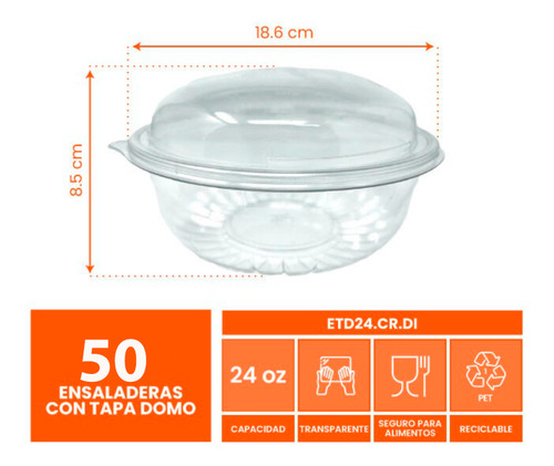 Ensaladera Con Tapa Domo 24 Oz Pet Reciclable Wow 50 Jgs Color Blanco