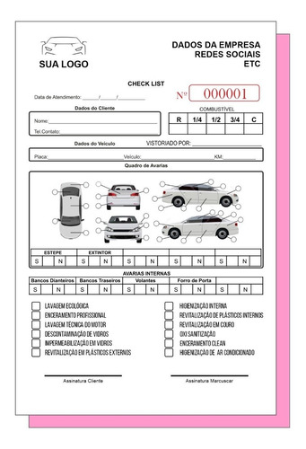 15 Talões Bloco Copiativos A4 - 2 Vias Lava Rápido Checklist