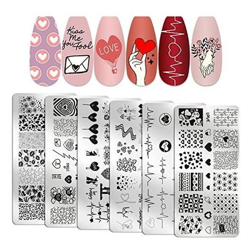 6 Placas Para Estampar Uñas Con Forma De Corazón De Wokoto P