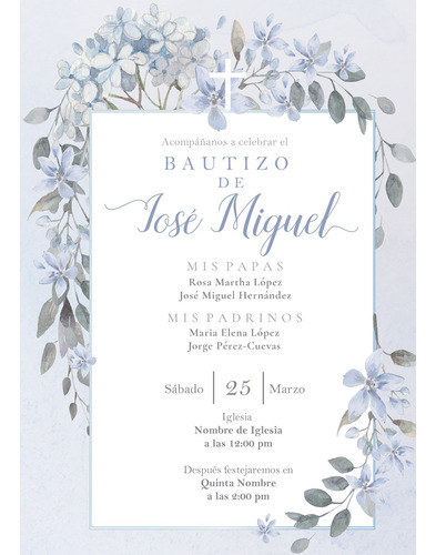 Invitación Digital Bautizo Niño Flores Azules Tarjeta Gratis