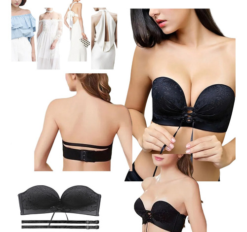 Brasier Push Up Strapless Sin Tirantes De Encaje Negro 32/70