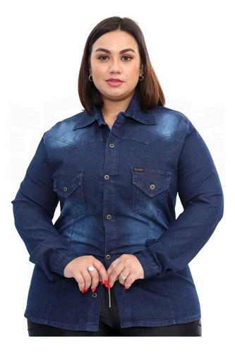 Camisa Jeans Feminina Plus Size Manga Longa  - Azul Escuro