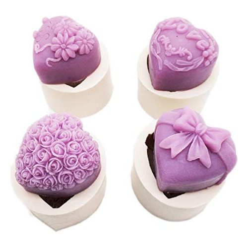 4 Pack 3d Heart Shape Fondant Silicone Molds Flowers Cr...
