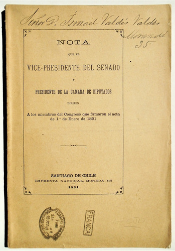 Balmaceda Nota Senado Cámara Diputados Barros Luco 1891