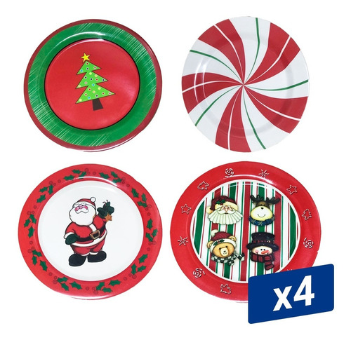 Plato Playo Melamina De Navidad X4 Unidades Surtidas 