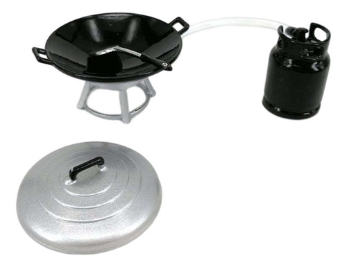 Estufa Negra Móvil Wok En Miniatura Con Tanque De Gas 1:12 .