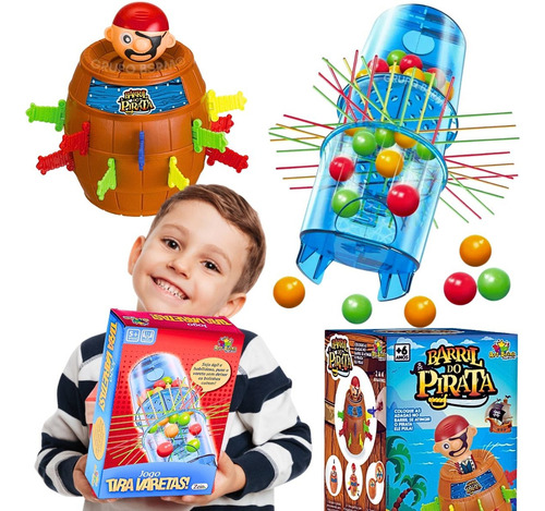 Kit 2 jogos de tabuleiro infantil educativos pedagogicos Tira Vareta Tubo Pega Varetas Art Brink e Jogo Barril Pula Pirata Art Brink