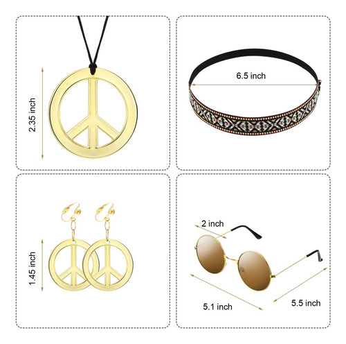 Conjunto De Disfraz De Hippie Para Mujer 70s Con Accesorios