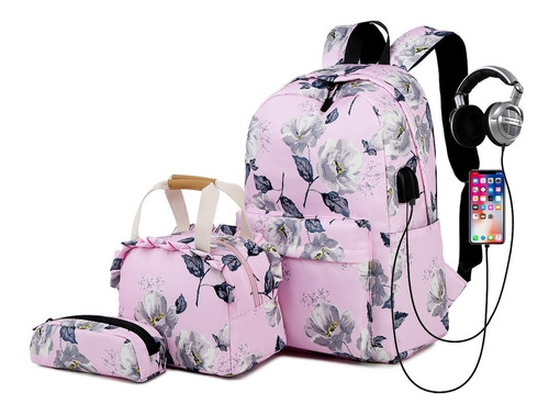 Conjunto Feminino Mochila Com Usb + Bolsa Térmica + Estojo