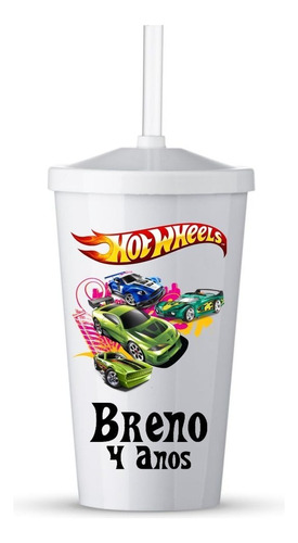 20 Copos De Canudo C- Tampa Personalizado Hot Wheels Seu Nom Cor Branco