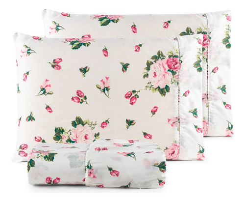 Jogo Lençol Casal Queen 400 Fios Percal Conforto Londres 3pç Cor Pétalas Rosa Desenho Do Tecido Estampado