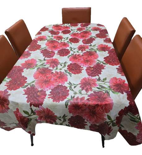 Mantel Mesa Rectangular 1.4x4.5 Impermeable Cuerina Afelpada Flores Rojas