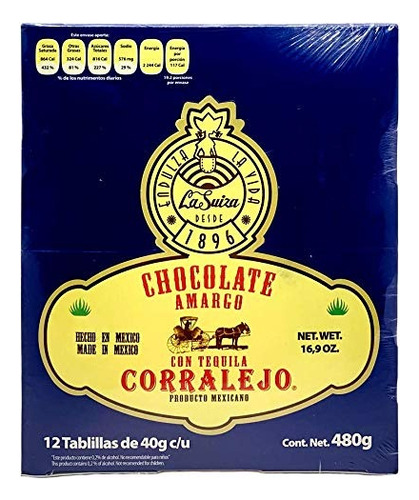 Chocolate Amargo Tequila Corralejo 12pz 40g C/u Tablilla