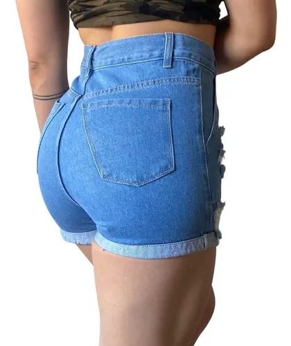 Short Jean Rigido Mujer Bolsillos Tiro Alto Moda Dama