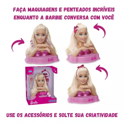 Boneca Barbie Styling Head Fala Frases Cartela De Maquiagem