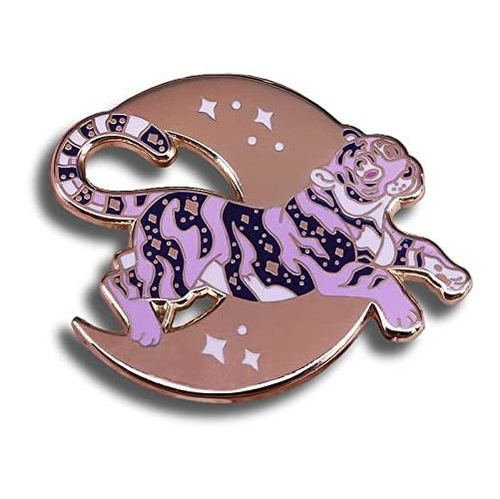 Broche Con Diseño De Tigre Morado En El Cielo Y Luna, Dise.