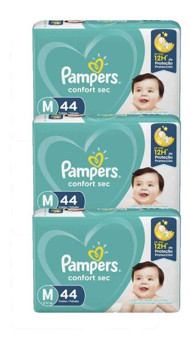 Kit 3 Fraldas Infantis Pampers Confort Sec M 44 Unidades