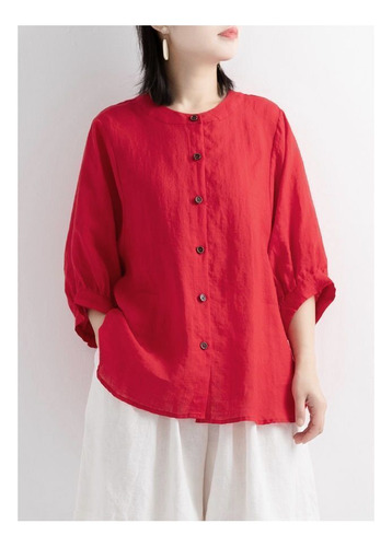 Camisa De Algodón Y Lino Con Manga De Farol Para Mujer