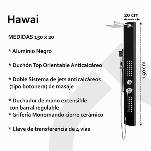 Imagen 4 de 9 de Columna Ducha Escocesa 4 Funcion Gorena Hawai Aluminio Negro