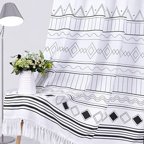 Boho Tassel Window Cortinas 2 Paneles Negro Geométrico Raye