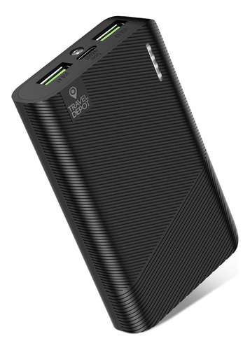 Cargador portátil Travel Depot 6000 mAh, tres puertos, carga rápida, linterna incorporada, USB-C, compatible con iPhone y Android.