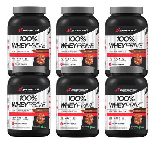6x Whey 100% Proteína Prime Low Carb 900g - Body Action Sabor Chocolate