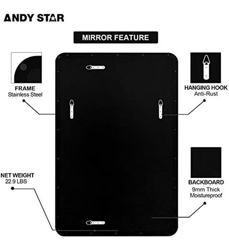 Andy Star Espejo De Pared Para Baño, Espejo De Baño Negro De