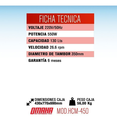 Imagen 2 de 5 de Hormigonera Trompito Volteo Mezcladora Omaha 3/4 Hp 130 Lts