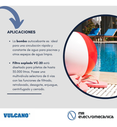 Imagen 3 de 10 de Kit Vulcano Pileta: Bomba Autocebante 1/2 Hp + Filtro Vc20