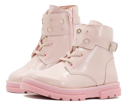 Botas Para Niña Charol Rosa Moda Chunky Suela Cosida