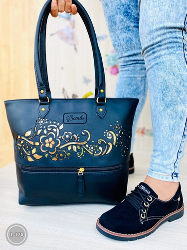 Mocasin Negro Bolso Moda Mujer Flores Brillantes Grande