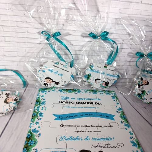 Imagem 2 de 3 de Convite Quebra Cabeças Padrinhos Azul Tiffany -30 Unidades