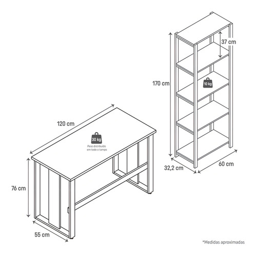 Mesa de estudio y estantería para oficina en casa con estantes de madera blancos