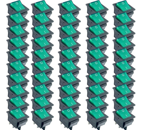 50 Chave Interruptor Gangorra Kcd4-201n 4t Led Neon Verde